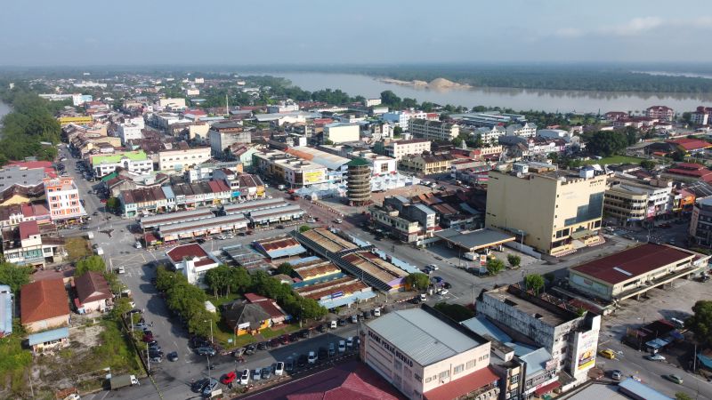Aerial view of Teluk Intan town and Perak River